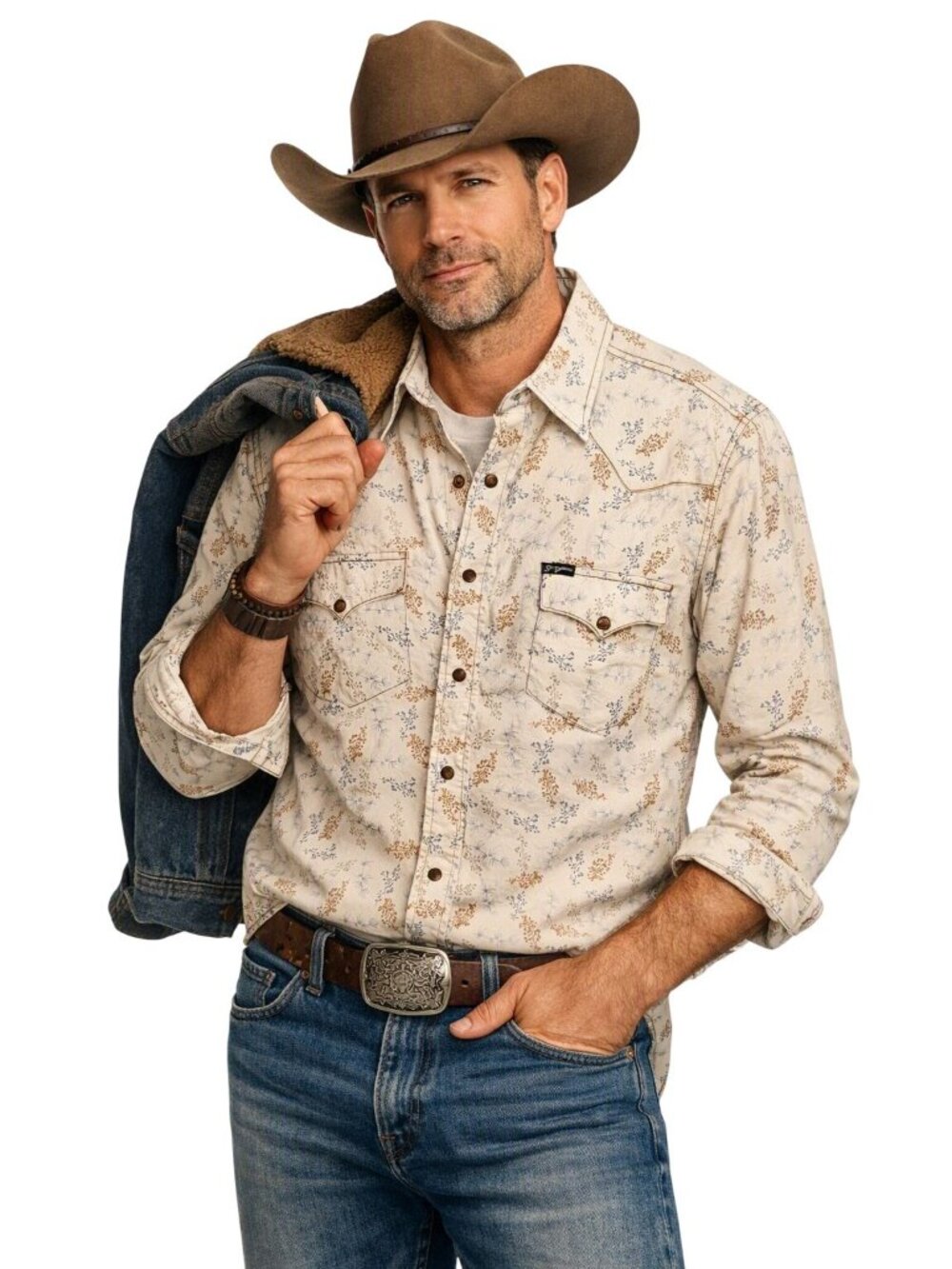 Southern Thread Pearl Snap Mens Floral Western Cowboy L/S Shirt Beige Blue